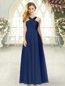 Navy Blue Chiffon Zipper Prom Dresses Sleeveless Floor Length Ruching