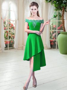 Green A-line Satin Off The Shoulder Sleeveless Appliques Asymmetrical Zipper Prom Dresses