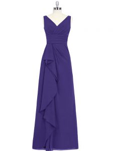 Purple V-neck Zipper Ruching Prom Gown Sleeveless