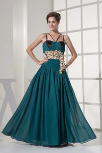 Ruched Prom Dress With Hand Made Flowers and Straps in Teal