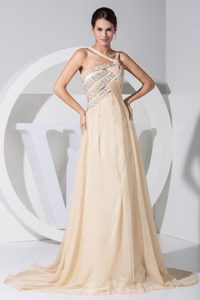 Asymmetrical Beaded Champagne Chiffon Brush Prom Gown