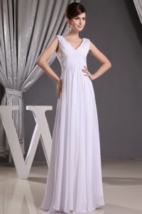 Discount White V-neck Beading and Ruched Floor-length Prom Gown