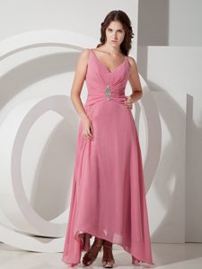 Customize Empire V-neck Beading Ankle-length Chiffon Prom Dress