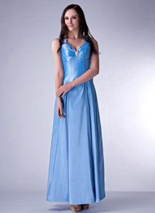 Baby Blue Cloumn V-neck Taffeta Beading Ankle-length Prom Gowns
