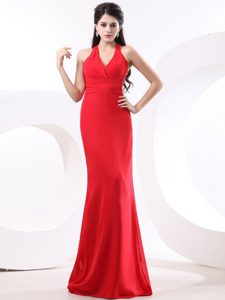Red Column Prom Gown Dress With Halter Brush Train Zipper