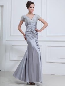 Ankle-length Mermaid Grey Beaded Prom Dress with Short Sleeves