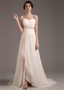Beaded One Shoulder Champagne Prom Gown Chiffon Brush Train
