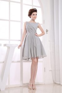 Dijon France Bateau Short Grey Chiffon Ruched Prom Party Dress