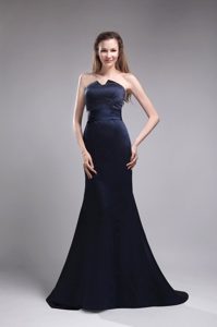 Cheap Strapless Brush Train Satin Beading Navy Blue Prom Dresses