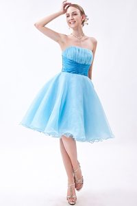 Strapless Baby Blue A-line Knee-length Ruche Dresses For Prom Night