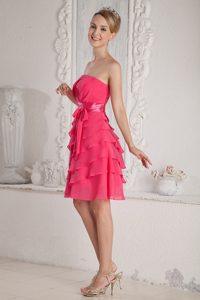 Empire Strapless Hot Pink Mini-length Prom Dress with Ruche and Sash