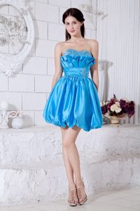 Strapless A-line Aqua Blue Mini-length Taffeta Prom Dress with Beading