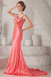 Watermelon Spaghetti Straps Brush Train Beading Prom Dresses