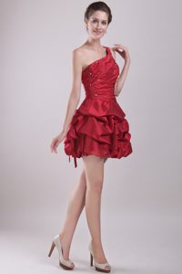 Red One Shoulder Mini-length Pick-ups Taffeta Beading Prom Dress