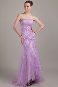 Lavender Mermaid Strapless Brush Train Tulle Ruch Prom Dress