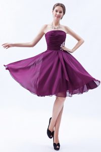 A-line Strapless Dark Purple Chiffon Prom Graduation Dress with Appliques
