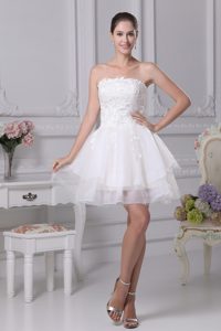Strapless Mini-length White Organza Prom Graduation Dress with Appliques