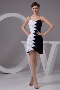 Ruche White and Black Spaghetti Prom Dresses with Asymmetrical Hemline