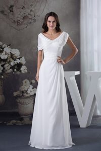 White V-neck Ruching Empire Floor-length Prom Dress with Cap Sleeves