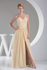 Champagne V-neck Ruched Slitted Prom formal Dress Wholesale