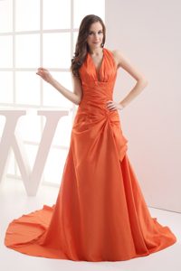 Orange Halter Court Train Ruched Prom formal Dress about 150