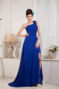Elegant One Shoulder Royal Blue Beaded Slitted Prom Gown Dress