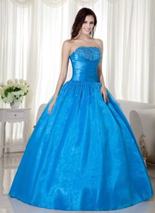 Blue Strapless Ball Gown Floor-length Quinceanera Dress with Beading