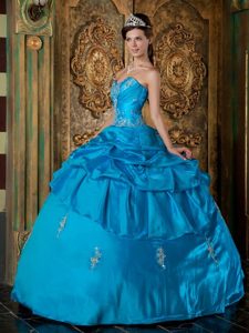 Sweetheart Teal Ball Gown Quinceanera Dress with Appliques and Pick-ups