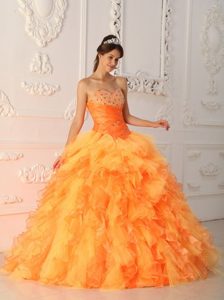 Sweetheart Orange Red Ball Gown Beading and Ruche Dresses Of 15