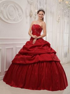 Ruffles Wine Red Strapless Floor-length Taffeta Dress For Quinceanera