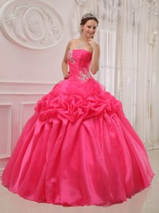 Ruche and Beading Quinceanera Dress Strapless Organza and Taffeta in Hot Pink