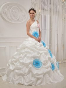 One Shoulder White Quinceanera Dress with Beading and Hand Flowers