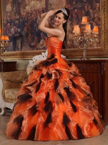 Ruffles Floor-length Organza Quinceanera Dress in Orange and Black