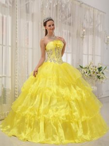 Beading Taffeta and Organza Yellow Ball Gown Strapless Dresses 15