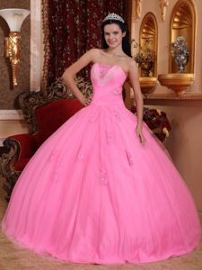 Rose Pink Strapless Floor-length Tulle Quinceanera Dress with Beading