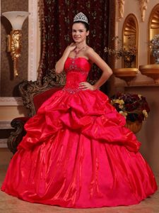 Red Taffeta Strapless Quinceanera Dress with Beading and Pick -ups
