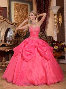 Coral Red Sweetheart Appliques Quinceanera Dress in Taffeta and Organza