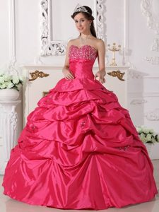 Beading Sweetheart Ball Gown Taffeta Quinceanera Dress in Coral Red