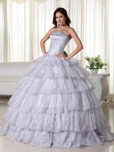 Beading Strapless Floor-length Organza Gray Quinceanera Gown Dresses