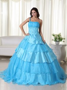 One Shoulder Aqua Floor-length Organza Beading Sweet Sixteen Dresses