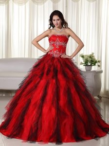 Strapless Floor-length Red Ball Gown Taffeta Appliques Quinceanera Dress