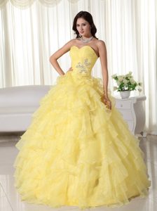 Yellow Appliques Sweetheart Ruffles Sweet Sixteen Quinceanera Dresses