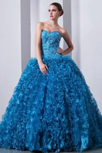 Sweetheart Blue Beading and Ruffles Quinceanea Dress with Brush Train