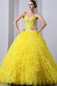 Sweetheart Brush Train Beading and Ruffles Quinceanea Dress in Yellow