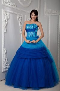 Blue Sweetheart Floor-length Tulle Quinceanea Dress with Ruche