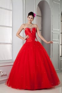 Red Sweetheart Floor-length Tulle Beading Dresses For Quinceaneras