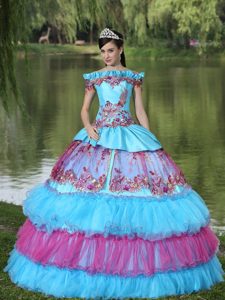 Colorful Off The Shoulder Appliques Tiered Quinceanera Dresses Gowns