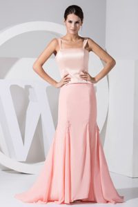 Wide Straps Light Pink Mermaid Taffeta Chiffon Brush Prom Dress