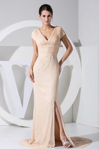 Champagne High Slit V-neck Brush Train Prom Dress in Georgia