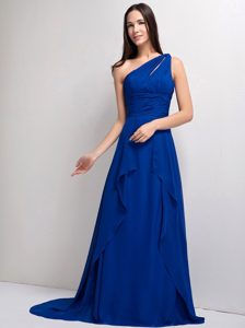 A-line One Shoulder Court Train Ruched Blue Prom Party Dress